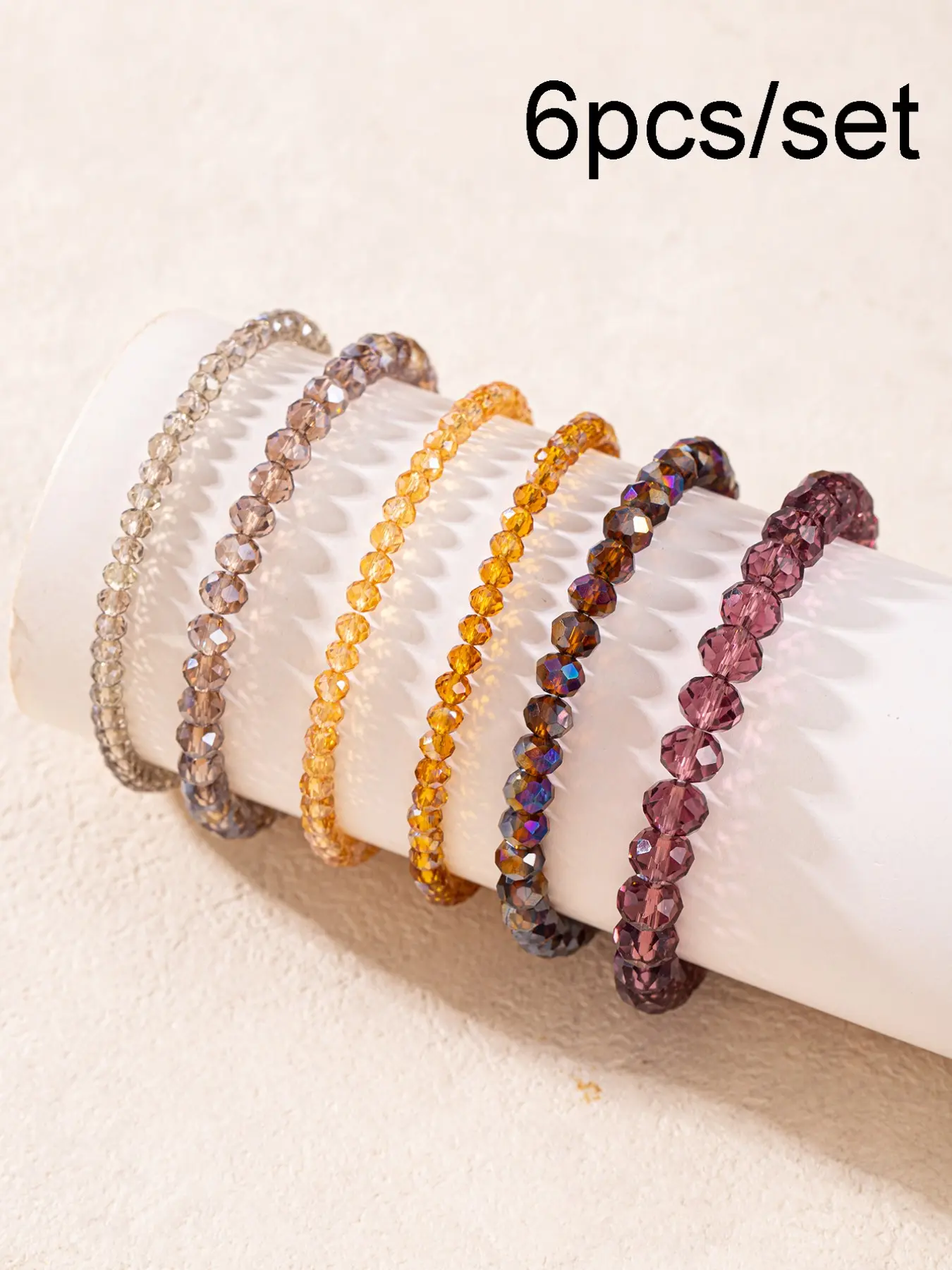 6pcs Boho Style Macaron Color Sparkling Artificial Crystal Beaded Bracelets Set, Trendy Stackable Bangle, Round and Flat Geometric Design, Fashionable Layered Jewelry, Perfect Gift and Daily Wear
