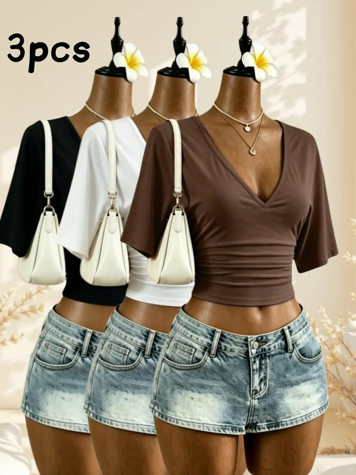 Casual V-Neck Short Sleeve T-Shirt, Fitted Plain Design, All Seasons Wear, Trendy Street Style, Three-Piece Set, Perfect for Daily Use, Casual Trendy Tee