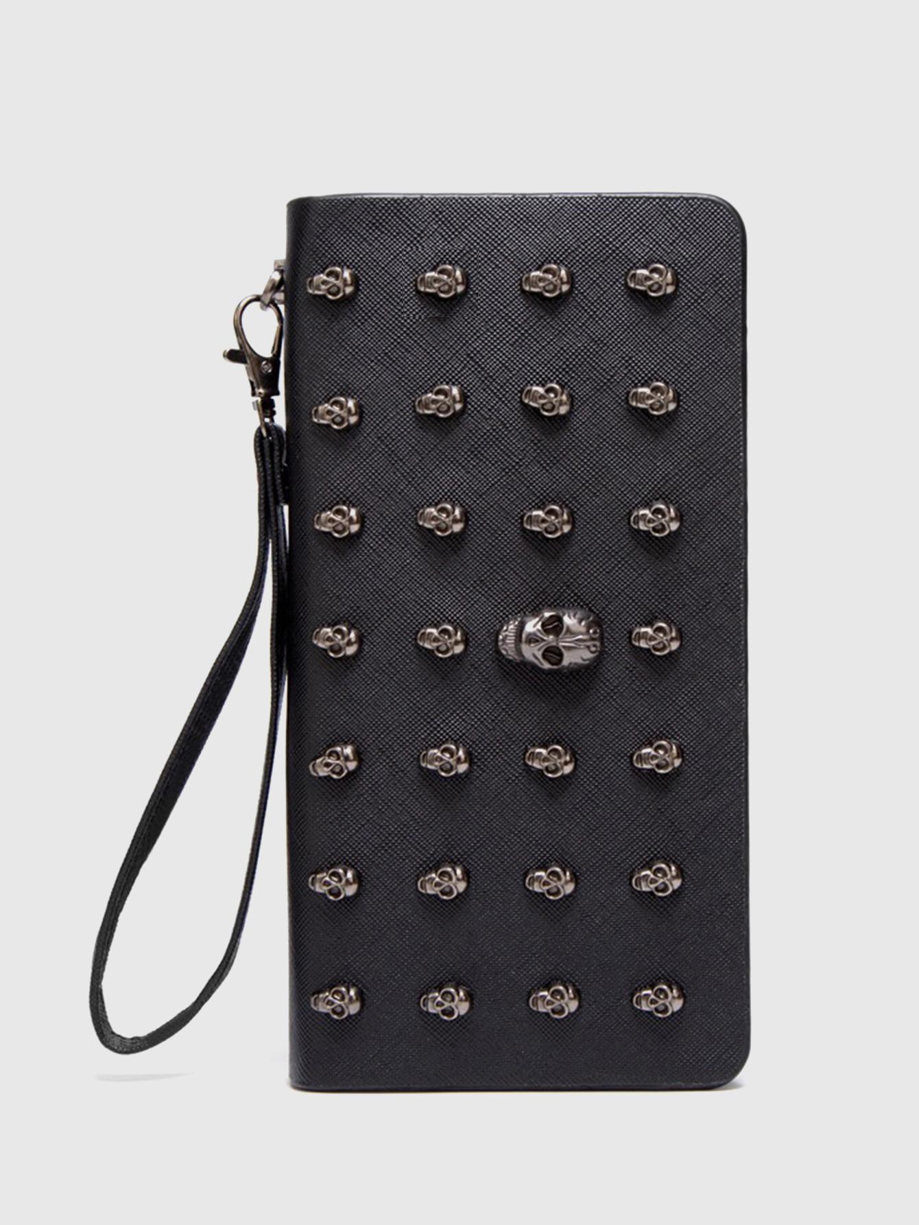 Halloween Black Skull Rivet Coin Wallet, Men's and Women's Wallets, Punk Style Skull Design, Large Capacity Zipper Closure, Wrist Zipper Long Gothic Style Wallet, Durable Travel Accessories