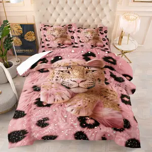Luxury Pink Gold Leopard Print Quilted Comforter Set , Glitter Cheetah Microfiber Bedding, All Season Soft Bedspread for Girls Teens, Perfect Gift for Animal Fans, Includes 1 Quilt & 1-2 Pillowcase