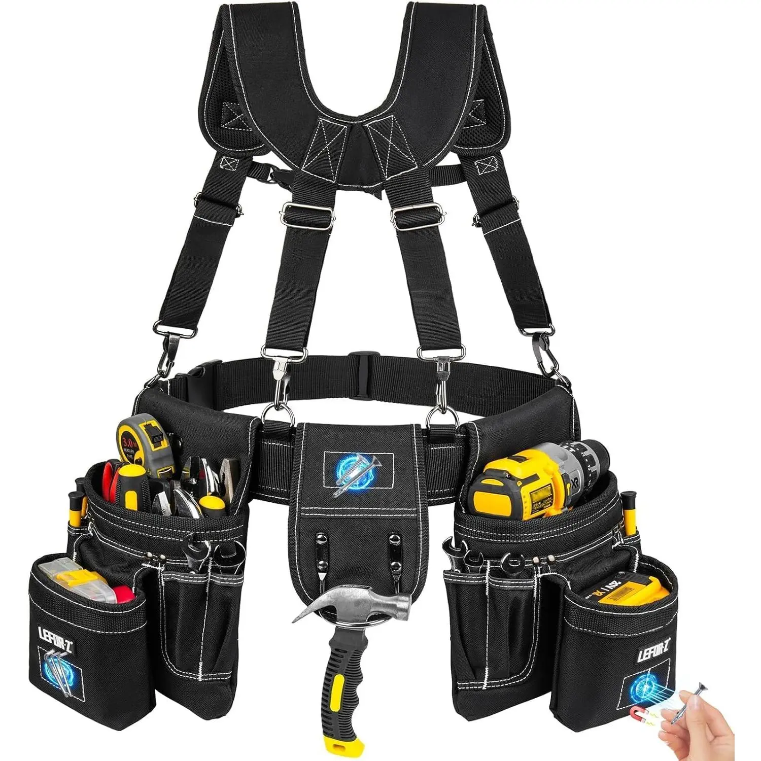 Men's Fabric Tool Belt with Adjustable Suspenders & Buckle Belt - 27-Tool Capacity, Detachable Bag for Electrician, Construction Work