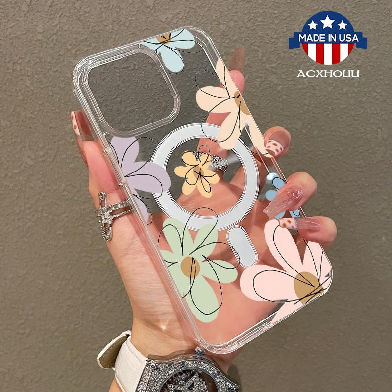 Magnetic Soft Case for iPhone17 Promax 16 Plus 15 14 13 12 11, Cartoon Flowers MagSafe Compatible,Springtok Aesthetic Pattern Design Lightweight,y2k cased,AntiScratch,and Trendy Protector Screen Protector Resistance Protection.HMG167