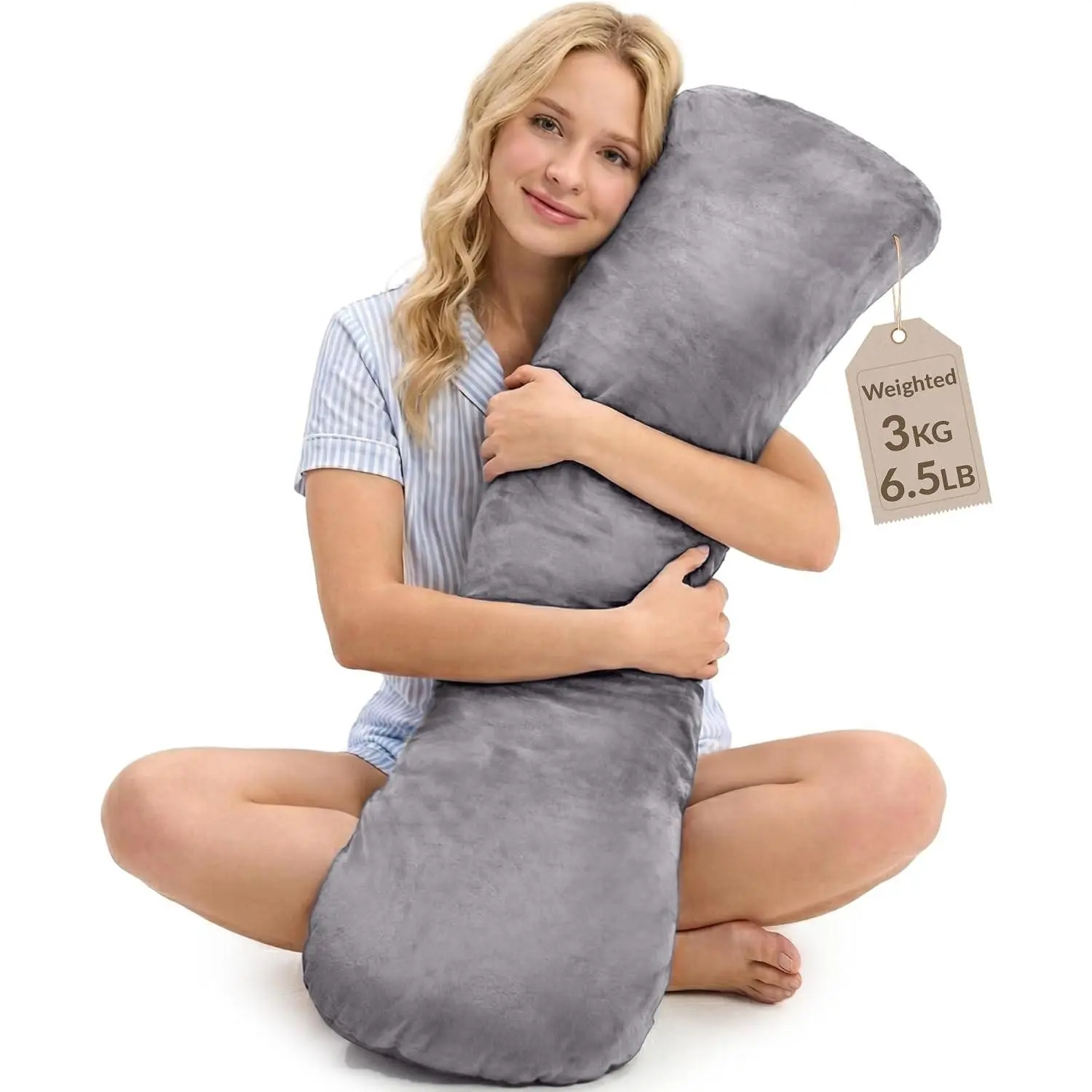 Weighted Pillow for Adults 6.5lbs (41" x 12") - Sleep Better & Feel Calm, Weighted Body Pillow for Stress Relief, Sleeping Hugging Pillow for Adults Helps Focus, Grey Big Size Pillow
