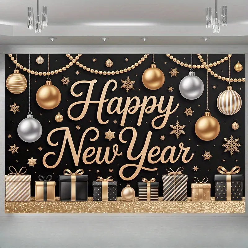 Luxury Black Gold Elegant Christmas New Year Party Backdrop Cloth Polyester Fabric Wall Hanging Tapestry Birthday Decor Photo Background Wall Decoration Event Display Photography Prop Winter Event Indoor Outdoor Premium Celebration Banner