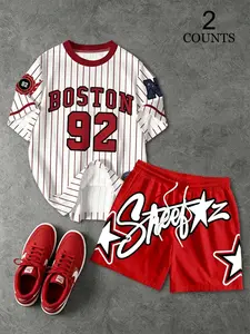 Men's Striped Letter Colorblock T-Shirt & Shorts Set, Soft-Touch Print, No Stiff Feeling, Casual Two-Piece for Daily Wear