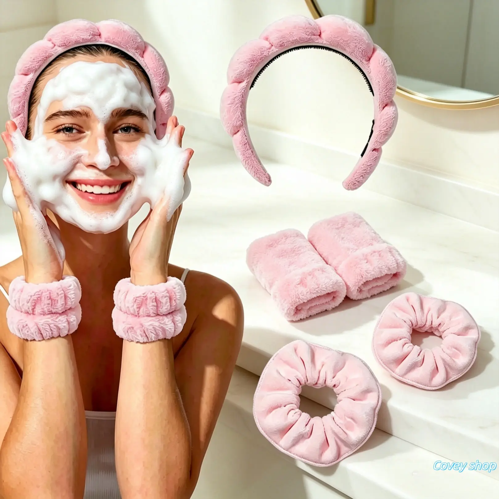 Unisex Cloud-Shape Puffy Spa Headband Set - Fluffy Texture Makeup Aid with Inner Teeth Grip, 1 Scrunchie, 2 Water-Absorbent Wrist Bands for Facial Cleansing Skincare