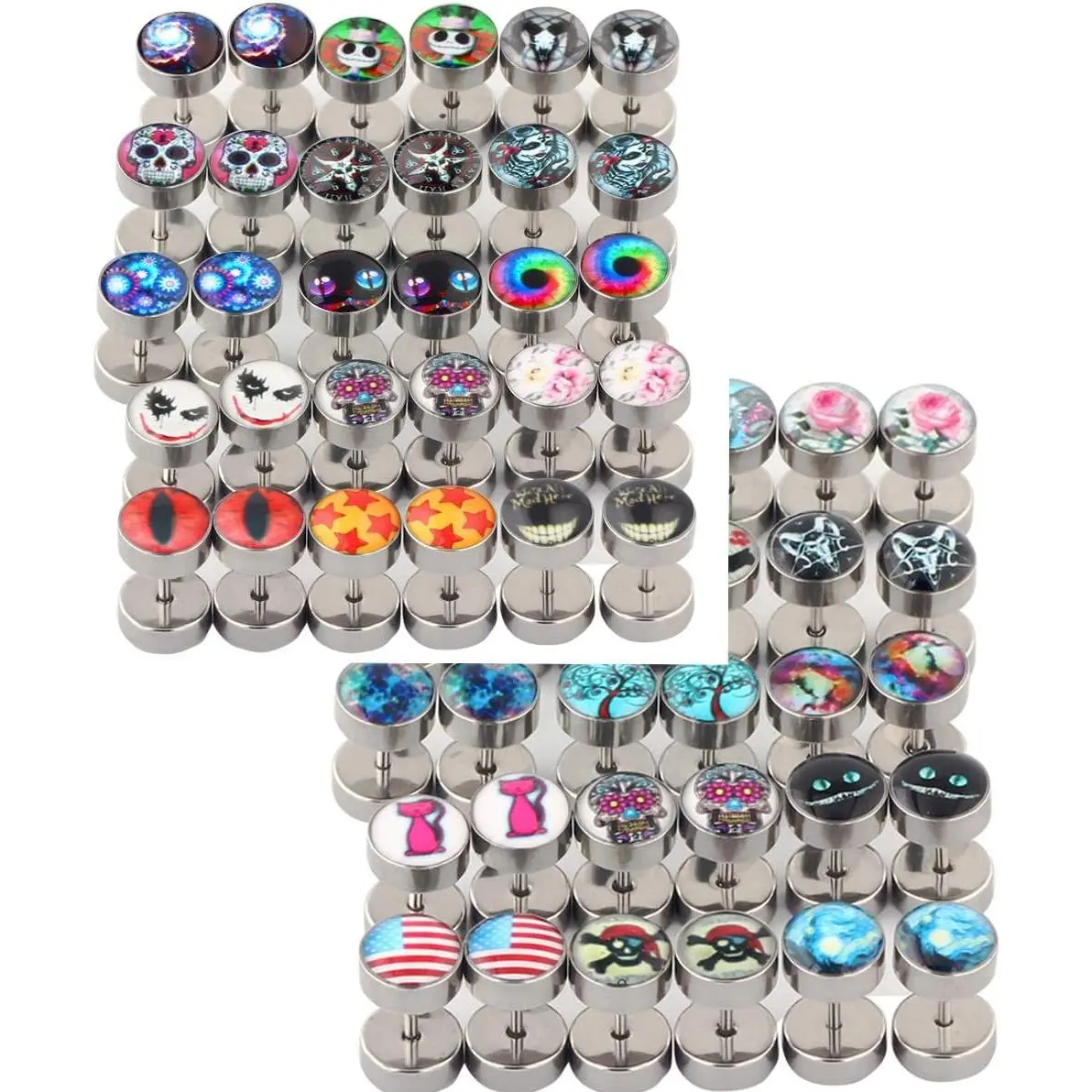 30PCS 8mm Stainless Steel Silver Tapers Cheater Faux Fake Ear Plugs Gauges Stud Earrings Set