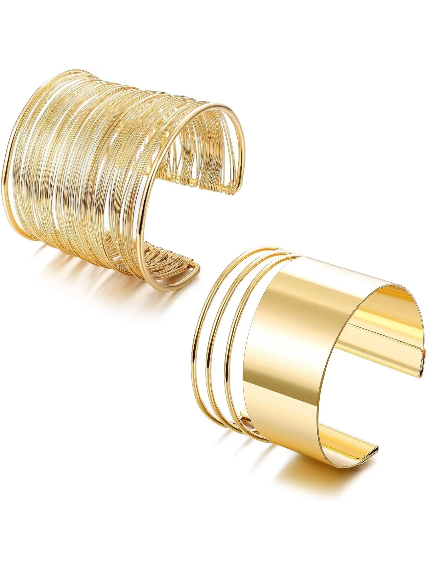 2 Pcs Gold Cuff Bracelet Cuff Wide Bangle Bracelet Set Stackable Bangles for Women Open Wide Wire Bracelets Adjustable Coil Armlets Armband Set