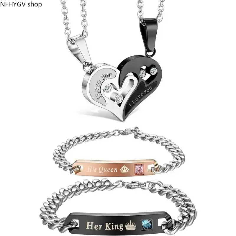 Unisex 4-Piece Heart Shape Jewellery Gift Set Featured With Mineral Reinforced Glass Mirror Finish Pendant, Matched With Coordinated Necklace And Bracelet, Romantic Symbolic Matching Accessory For Husband And Wife Daily Intimate Wear