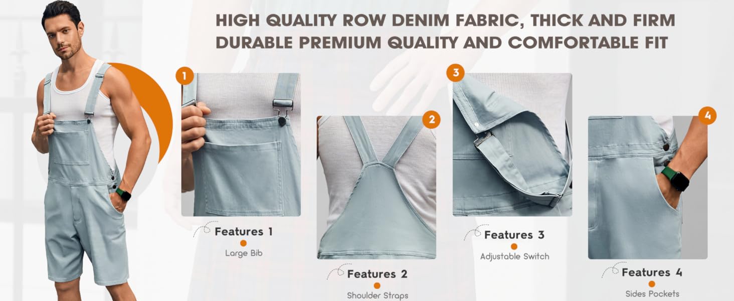 Mens Casual Bib Overall Shorts Lightweight Cotton Loose Fit Denim Jumpersuit Walkshort Pockets Rompers