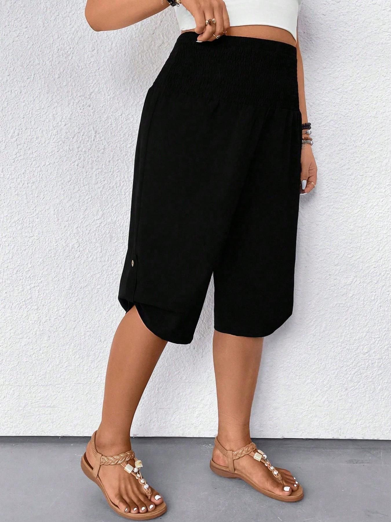 Women's Casual Tummy Control High Waist Fitted Wide Leg Capri Pants Smocked Waist Button Hem Loose Fit Cropped Trousers Summer Shorts Beach Vacation Lounge Daily Work Outfits Solid Black Stretchy Soft Breathable Lightweight Spring Break 2026 Plus Size Women's Casual Tummy Control High Waist Fitted Wide Leg Capri Pants Smocked Waist Button Hem Loose Fit Cropped Trousers Summer Shorts Beach Vacation Lounge Daily Work Outfits Solid Black Stretchy Soft Breathable Lightweight Spring Break 2026 Plus Size