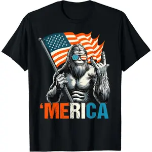 Sasquatch Says Rock On! 🤘   'MERICA Bigfoot Patriotic T-Shirt |   Funny 4th of July Retro Vintage Graphic Tee for Men