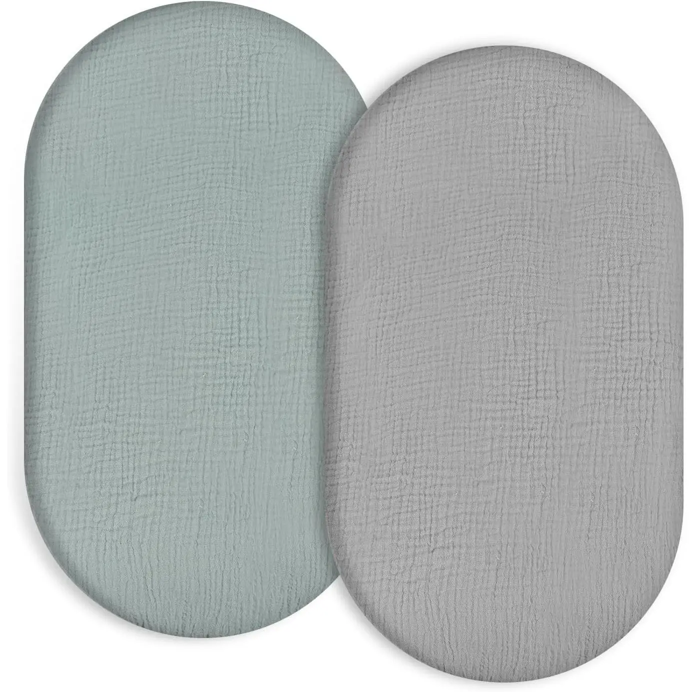 2-Pack Muslin Bassinet Fitted Sheets, 100% Cotton Baby Cradle Sheets in Solid Green & Gray, Soft Breathable Mattress Covers for Boys & Girls, Fits Hourglass, Oval & Rectangle Pads(Gift)