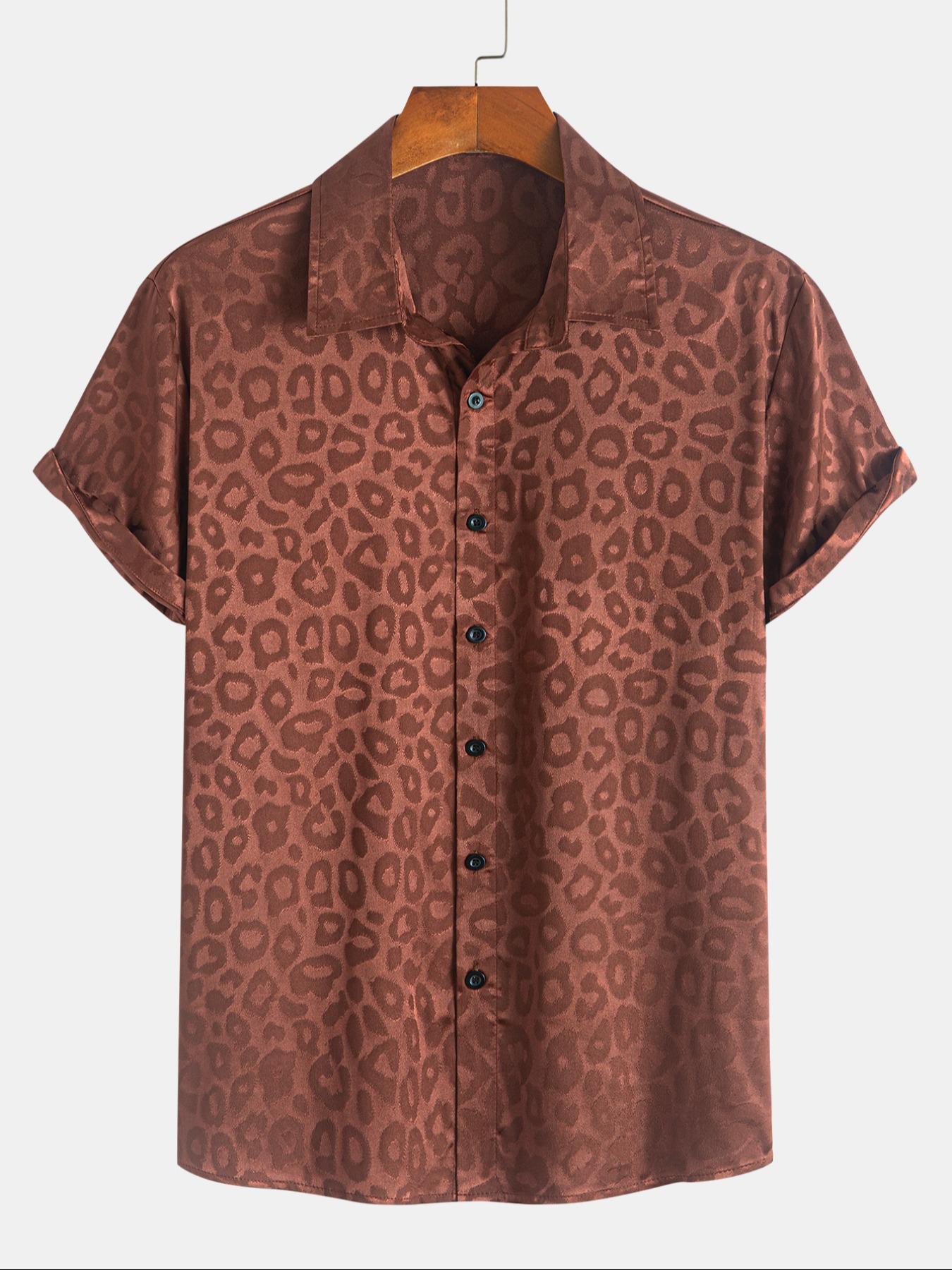 Men's Leopard Jacquard Satin Short Sleeve Shirt, Casual Party Shirt, Regular Fit Casual Soft Comfy Button Front Collared Top for Summer, Fashion Men's Clothes for Daily Wear