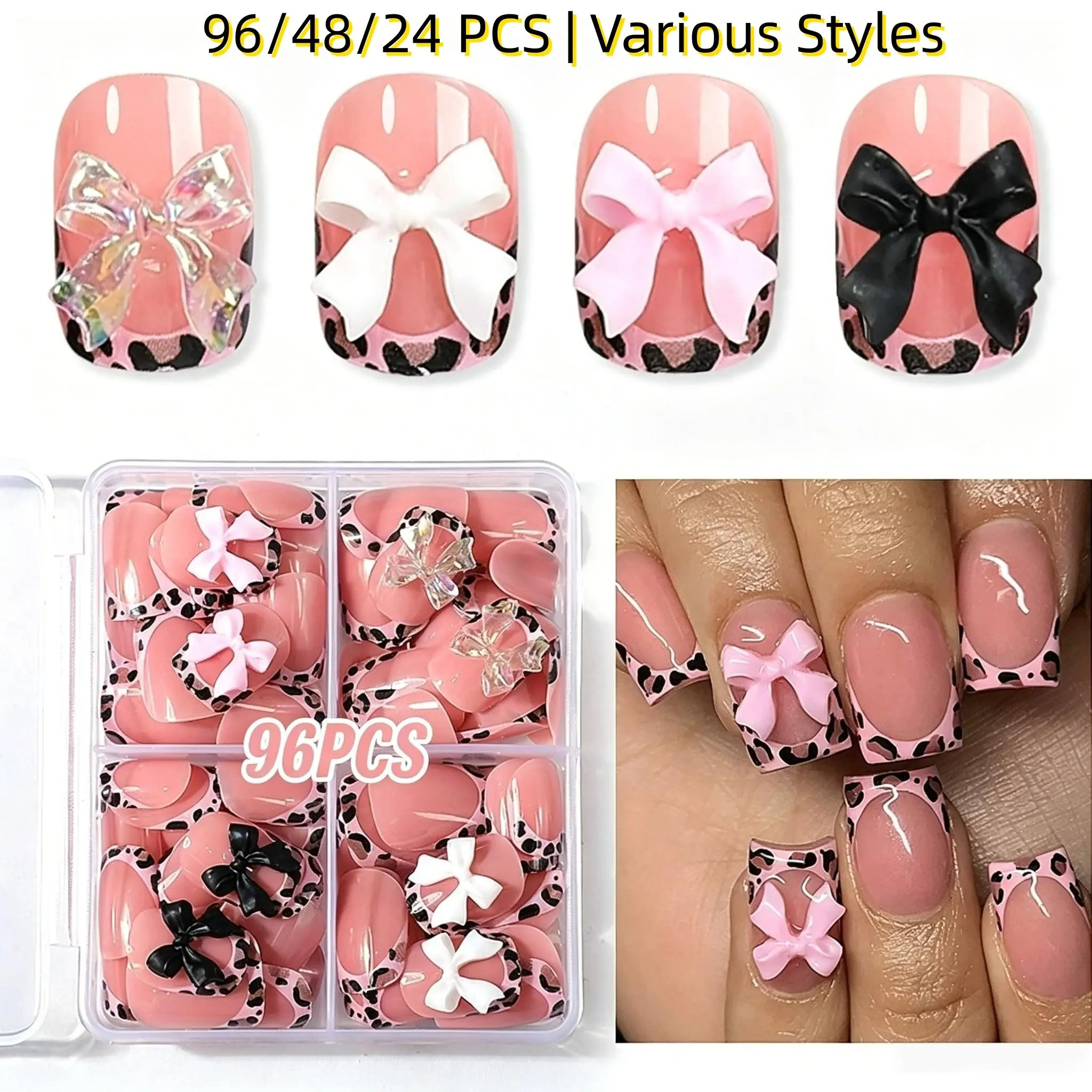 96pcs Short Square Press on Nails, Leopard Print French Nails with 3D Bow Charms, Reusable Fake Nails with Jelly Glue & Nail File, No Glue Needed, Nail Art Design, Nail Art Supplies
