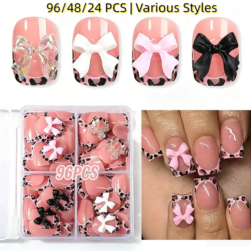 96pcs Short Square Press on Nails, Leopard Print French Nails with 3D Bow Charms, Reusable Fake Nails with Jelly Glue & Nail File, No Glue Needed, Nail Art Design, Nail Art Supplies