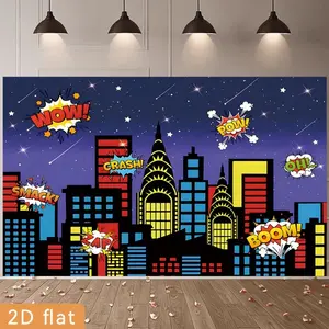 2D Flat Banner 1pc, Superhero City Theme Background Cloth, Colorful Cartoon Skyscraper Silhouette, Polyester Material, Party Decor