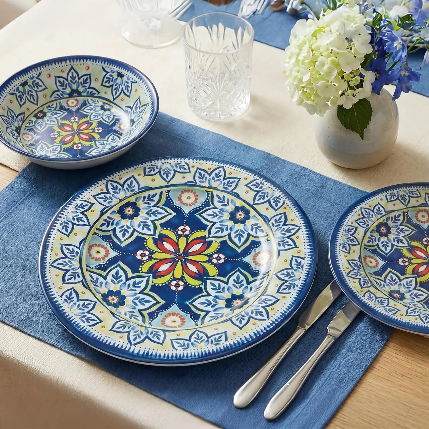 12- Blue Melamine Dinnerware Set, Service for 4, Unbreakable Kitchen Plate and Bowl Set for Indoor & Outdoor Use, Lightweight and Durable,  for Camping, Picnics, Parties and RVs