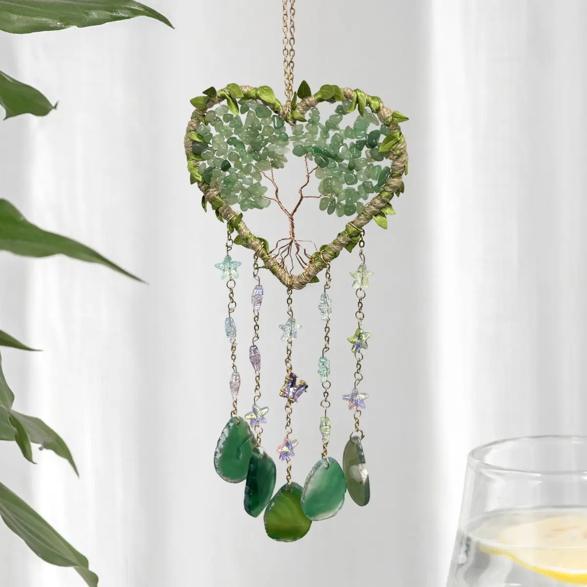 Love & Tree of Life Crystal Sun Catcher – Natural Agate Pendant Wind Chime, Dream Catcher Style, Boho Decor, Indoor and Outdoor Hanging Decor for Courtyard Garden Window, Christmas Gift for Her