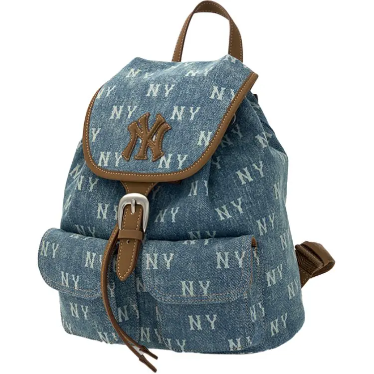 MLB 25FW Monogram Print New York Yankees Cotton Backpack for Men and Women, Casual Style in Light Blue and Charcoal Black
