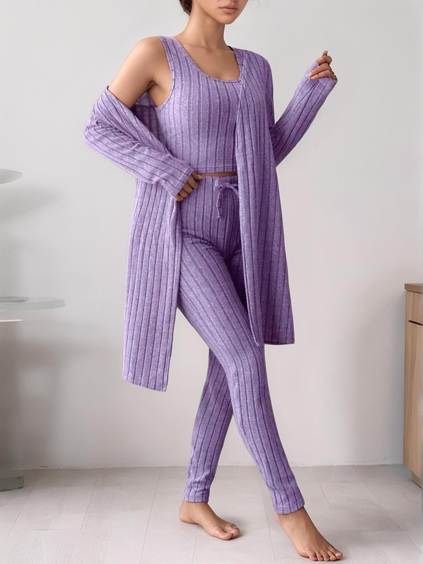 Women's Solid Ribbed Knit Tank Top & Pants & Open Front Long Sleeve Outwear, Casual Comfy Pyjama Set, Women's Sleepwear & Loungewear for Spring & Fall