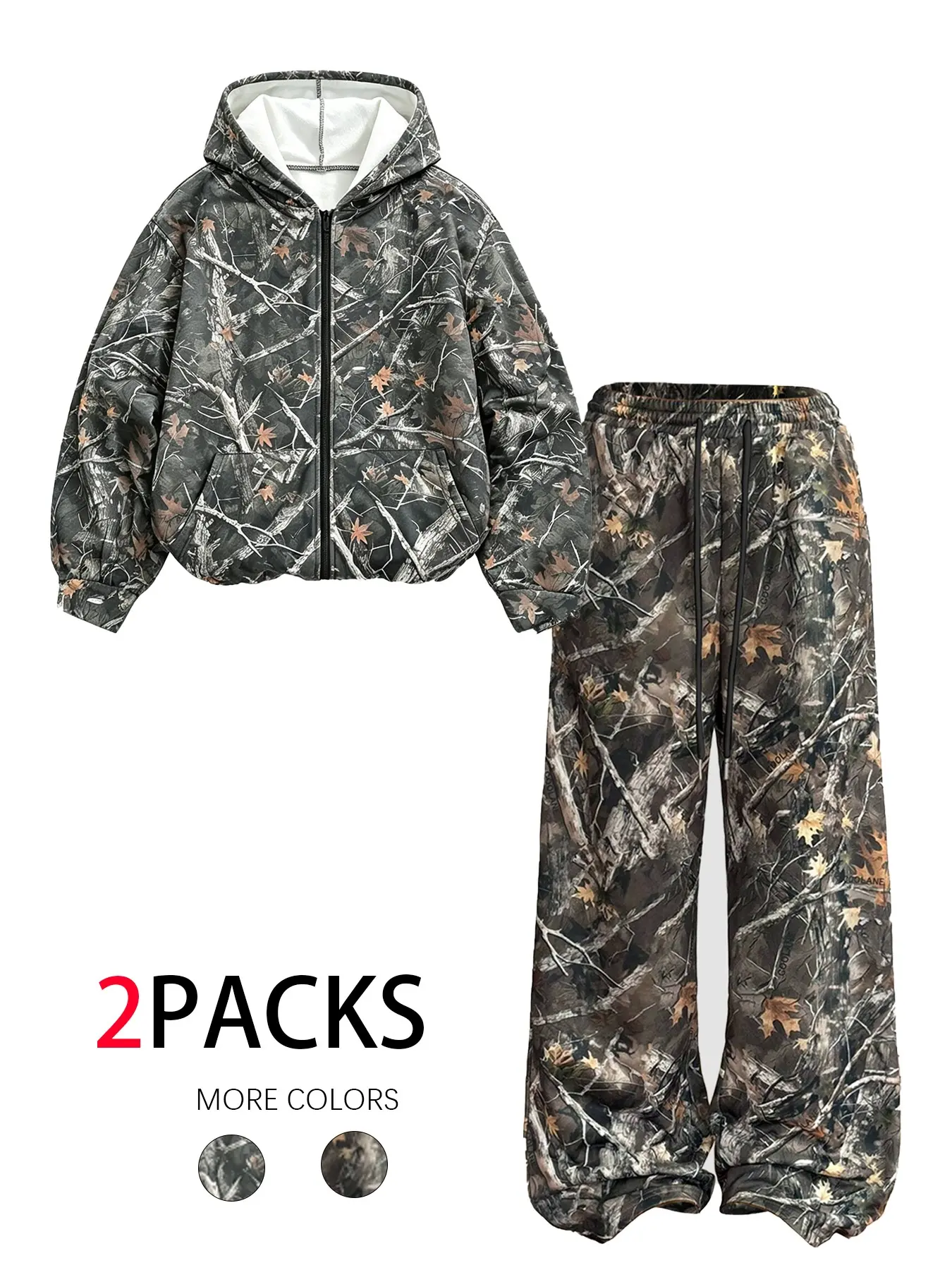 Women's Tree Leaf Camo Zip Hoodie & Convertible Wide Leg Jogger Pants Set, Soft Thick Fleece Fabric, Casual Streetwear