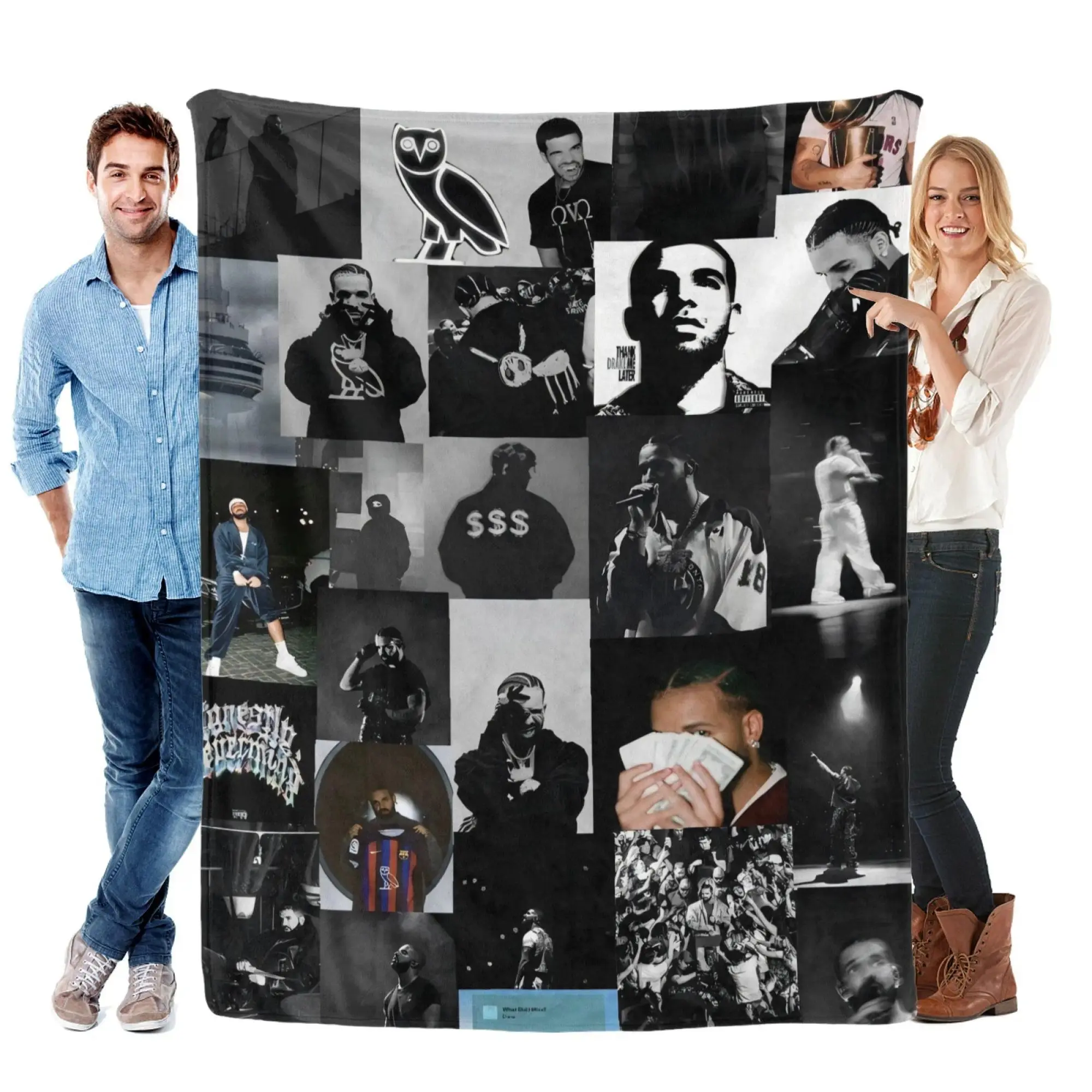 Drake OVO Inspired Polyester Black & White Photo Collage Flannel Throw Blanket - Soft, Cozy, Warm, Lightweight, Breathable, Wrinkle-Resistant Plush Fleece, All Seasons Living Room Decor for Couch/Bed, Unique Gift for Drake Lovers, Hip Hop Vibe