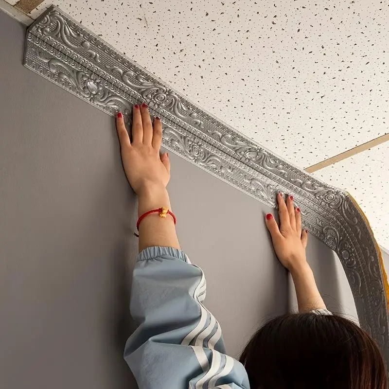3D European style self-adhesive wall edge foam - easy peeling bonding, shock absorbing plastic mold, Self Adhesive PVC, white, orange, complex pattern - home decoration protection kick board, ceiling corner, TV background
