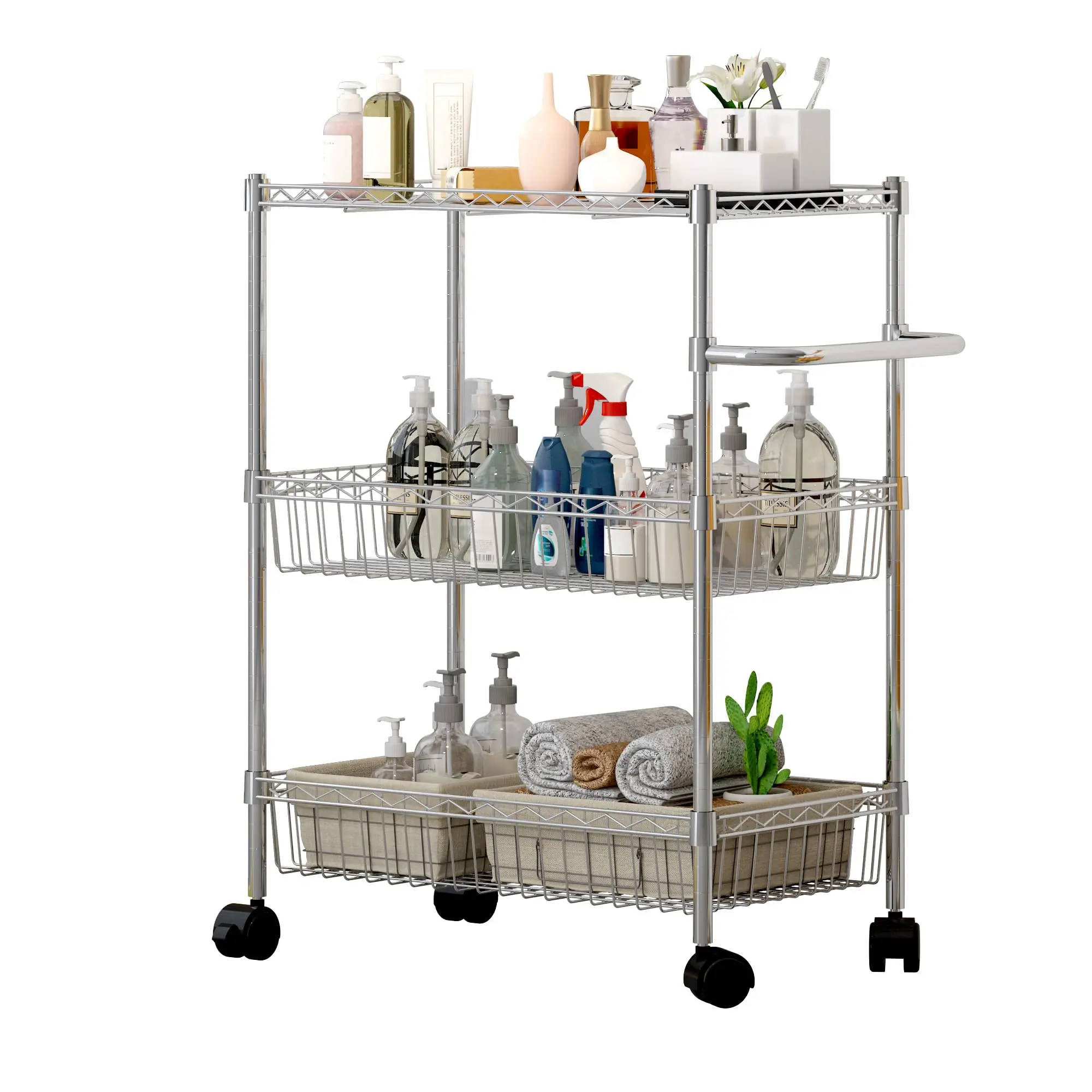 Garvee Heavy-Duty Steel 3-Tier Adjustable Wire Shelving Storage Cart with Wheels, Handle, Lockable Casters, Ideal for Kitchen Organiser, Racks & Efficient Item Organization, Transport