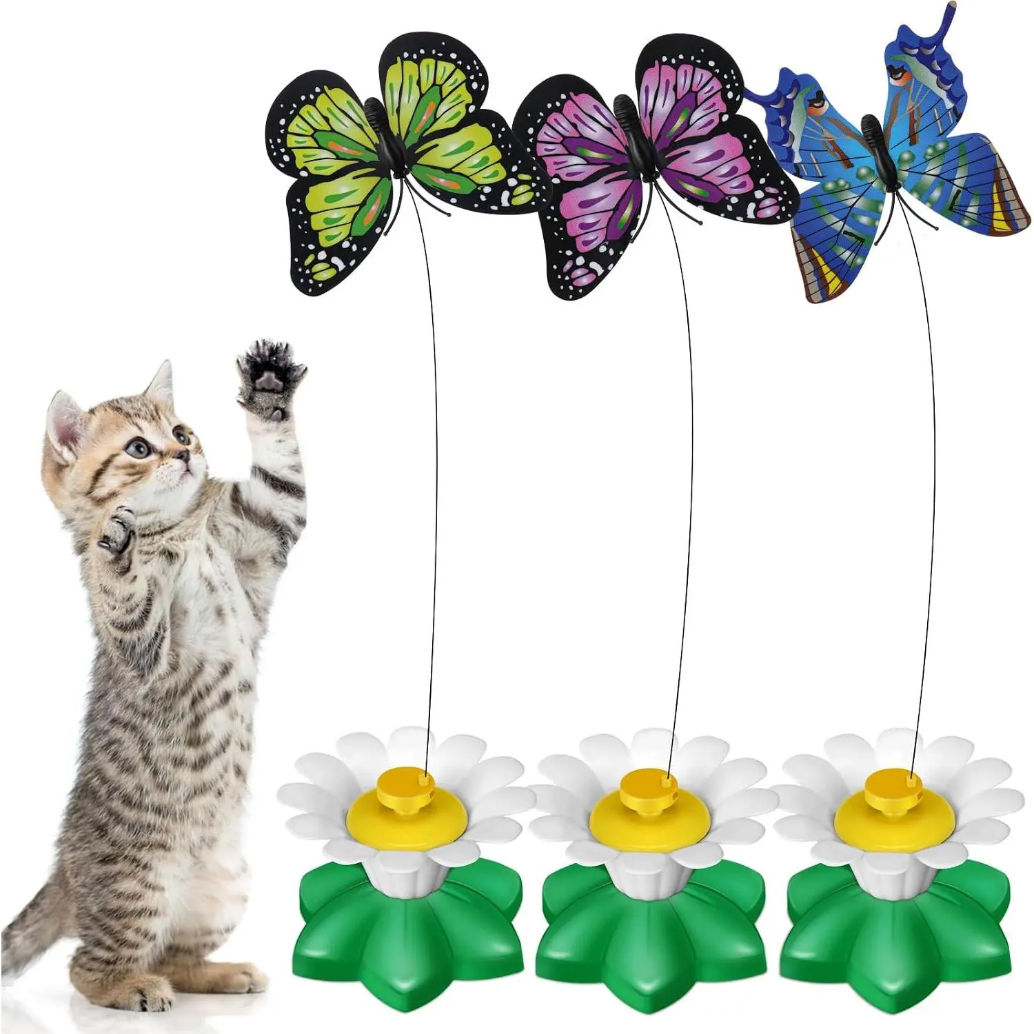 3 count Electric Teasing   Flying Interactive   Automatic 360° Rotating Kitten Play Chase Supplies with 6 count   with Wire(Butterfly)