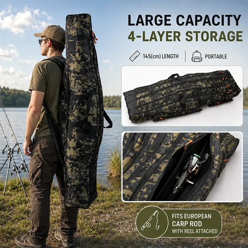 145cm Four-Layer Large Capacity Fishing Rod Bag, Portable Camouflage Multi-Compartment Design, Durable Zipper, Reinforced Bottom
