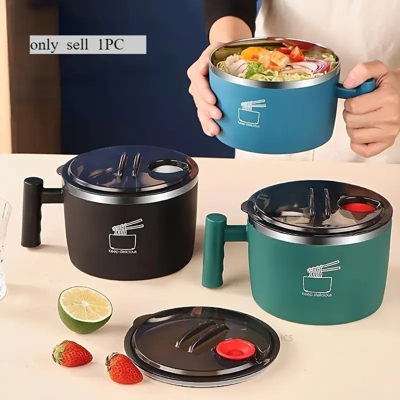 Stainless steel insulated bowl, instant noodle bowl with lid, draining bowl, kitchen serving bowl, Insulated serving bowls, multifunctional lunch container, suitable for instant noodles and meals, an essential for back-to-school