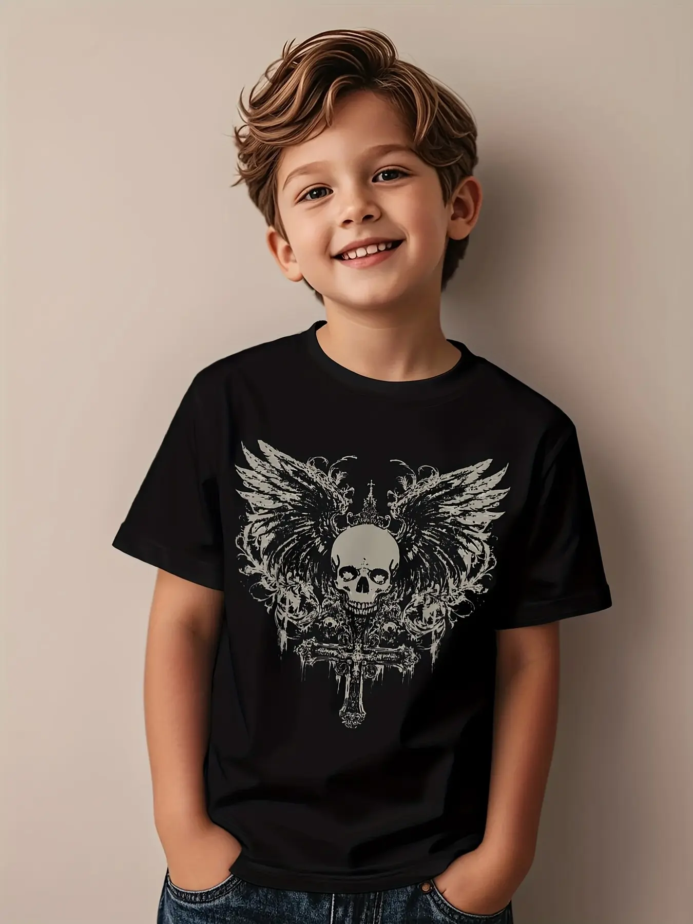 180g Skull Cross Y2K Gothic Alternative Grunge Kids T-Shirt, Graphic Tee, Cartoon Pattern, Loose-Fitting, Long Sleeve, All Seasons Fashion Top