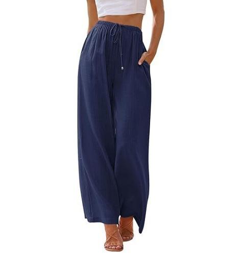 Women's Linen Loose Casual Pants with Pockets and Drawstring, Wide-Leg Trousers for Beach Vacation, Loose Fit, Plus Size, Comfortable