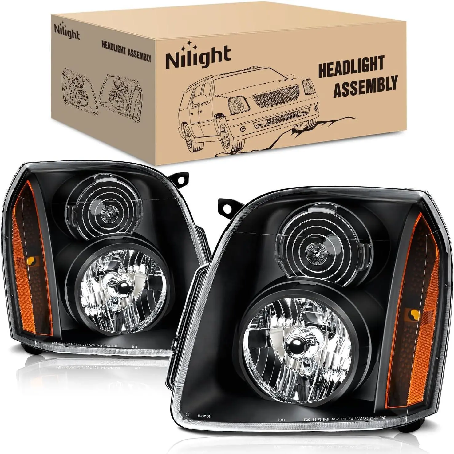 Nilight Halogen Headlight Assembly - Car Lighting, OE-Style Replacement for 2007-2014 GMC Yukon, Black Housing, Amber Reflector, Driver & Passenger Side