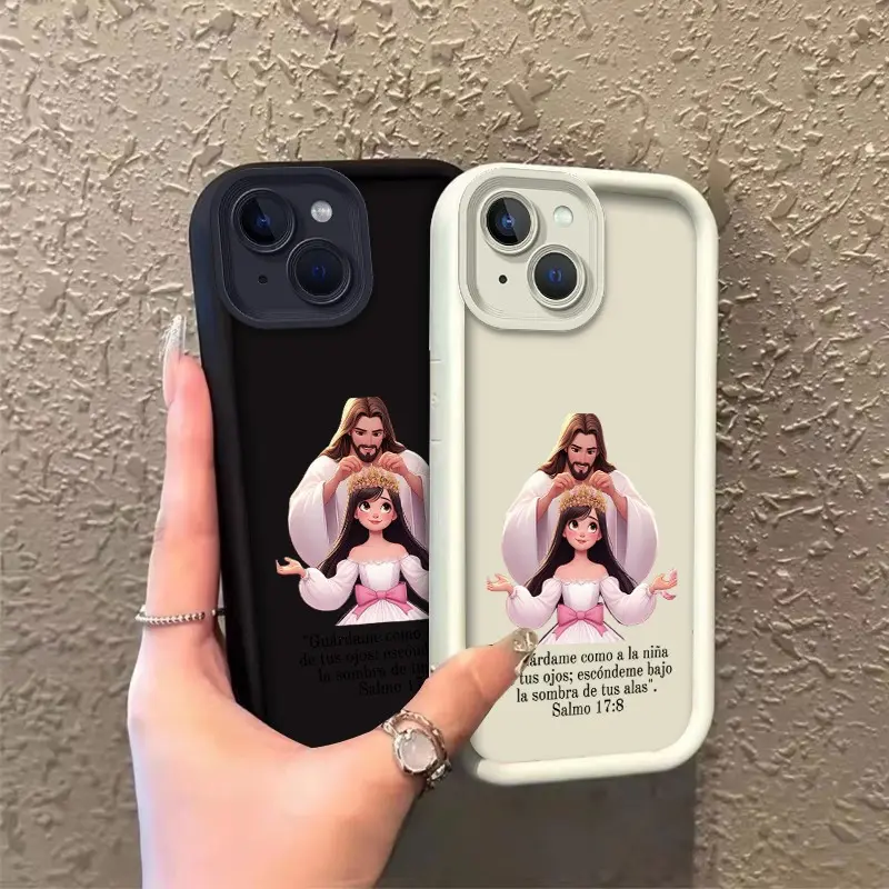 ROOJTN1CZ Silicone TPU Smartphone Case Cover - Multi-Model Full Edge Protection for iPhone Series (13/13mini/14/14plus/15/15plus), Shockproof Drop Resistant Design with Jesus Crowning Girl, Psalm 17:8 & Celestial Eye Layered Art