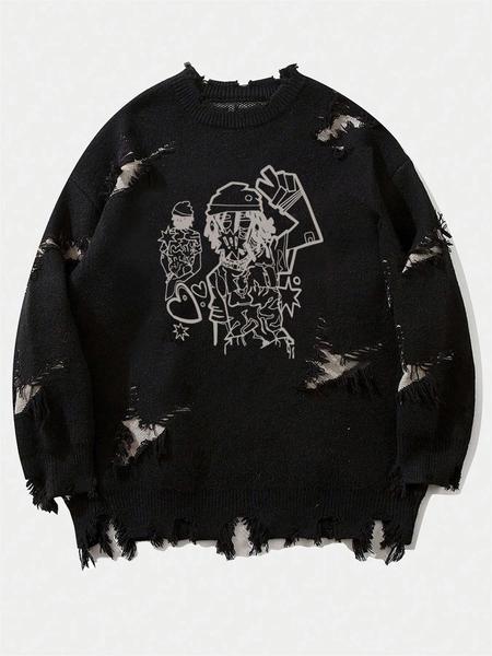 Men's Pattern Sweaters Retro Gothic Long Sleeve Crew neck Pullover knitted Top, Knitwear Tops, Grunge Skull Dollars Design, Aesthetic Gesture Warm Loose Fit Comfortable Jumper,Daily life,Hip-hop, Street wear, Going Out, Halloween Fall Winter Clothes