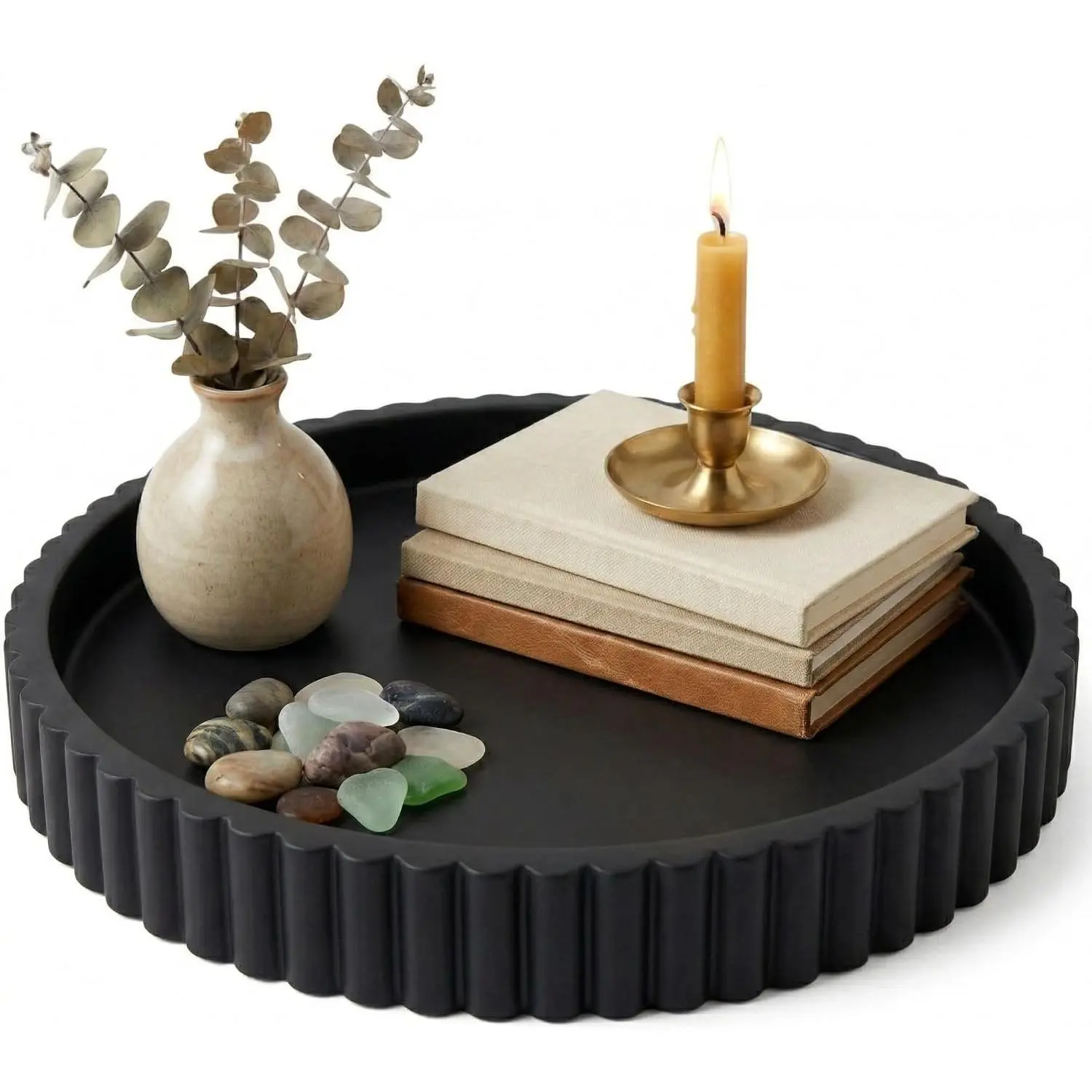 Concrete Black Tray for Coffee Table - Round Black Decorative Tray for Table Decor - Bandejas Decorativas para La Sala - Coffee Table Centerpiece