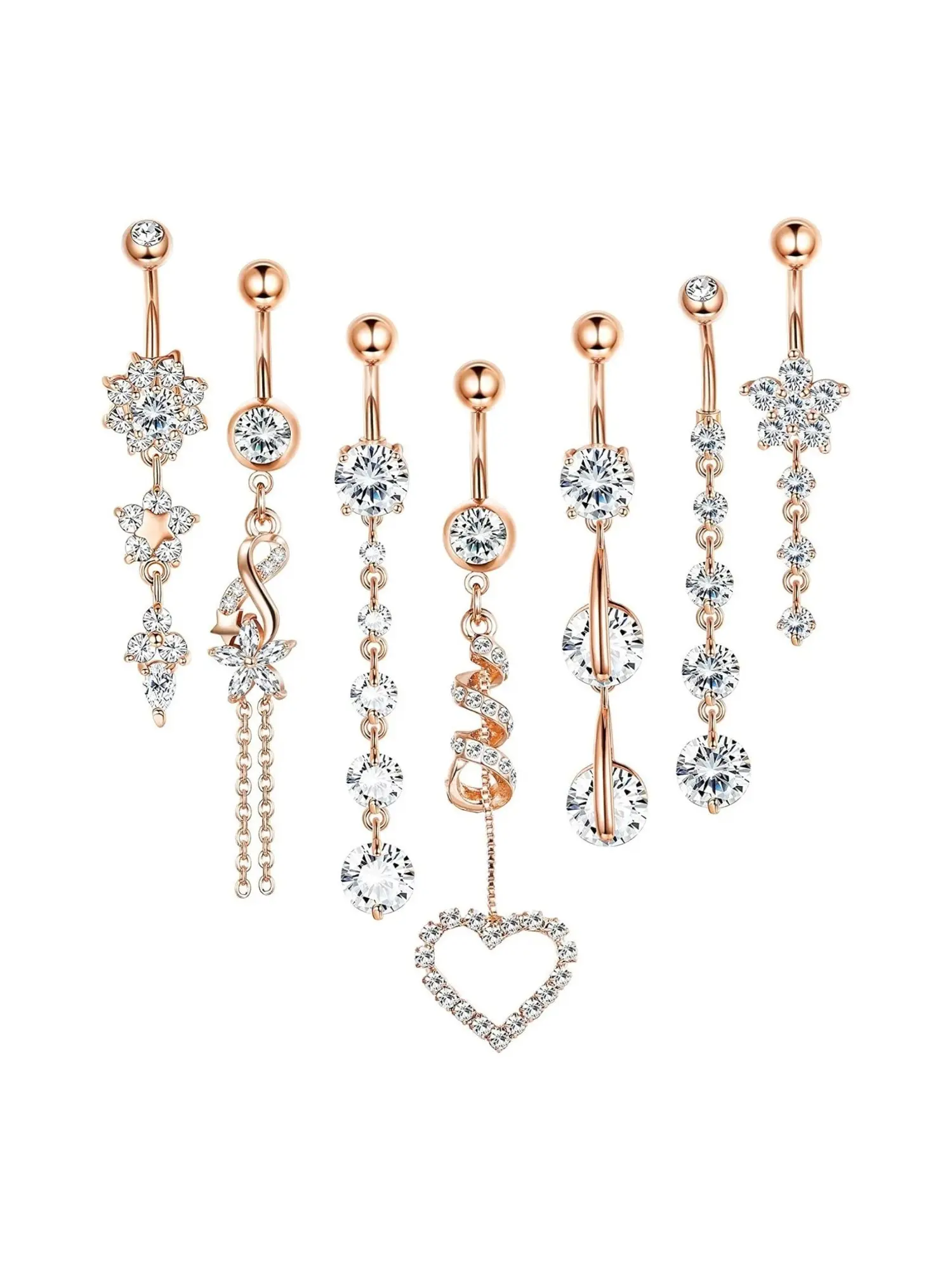 7 Pcs Rose Golden Multi-Style Dangle Belly Button Piercings for Women Men Stainless Steel Curved Barbell Navel Rings Full Paved CZ Drop Charms with Tassel Chain Twisted Spiral Flower Heart Shapes Hypoallergenic Comfort Belly Rings for Bikini Vacation