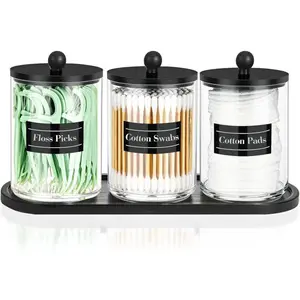 4 Pack 10 oz Acrylic Qtip Holder with Labels Dispenser- Bathroom Small Clear Plastic Canister Apothecary Jar Set Essentials Accessories Decor, Vanity Storage Organizer