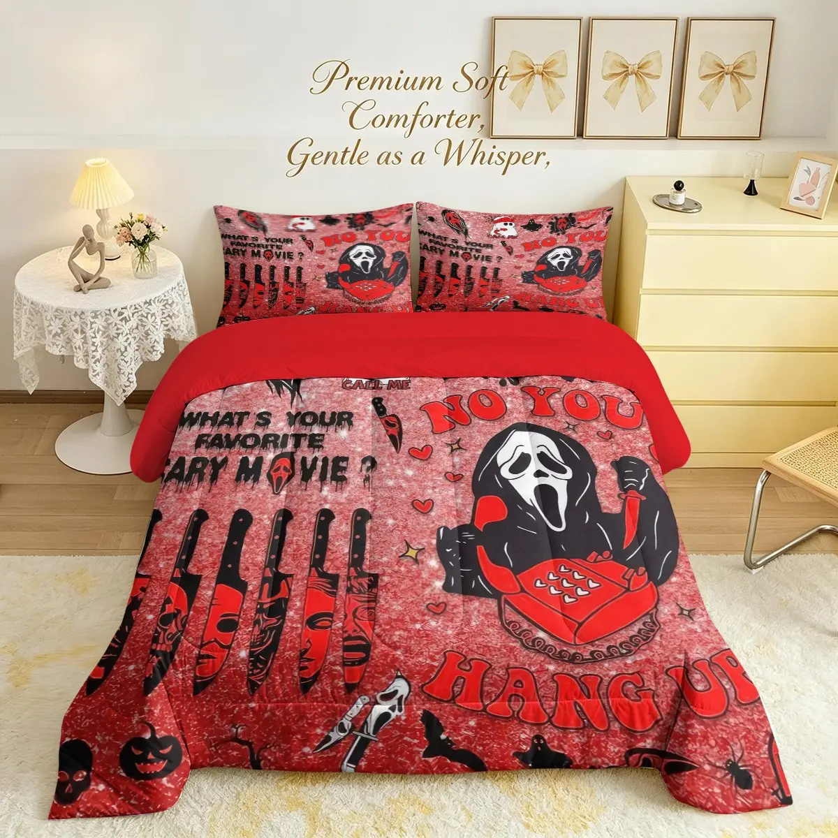 2/3pcs Screaming Faces Horror Movie Quilt Set (Including 1 Comforter, 1/2 Coreless Pillowcase), Soft & Lightweight Bedding Set, Gothic Red Aesthetic Room Decor, Perfect Gift For Scary Movie Fans, All-Season Bedding.Halloween Gifts
