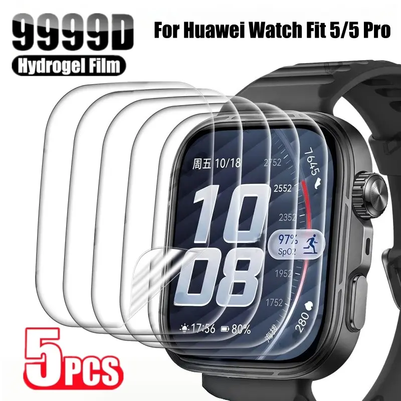 5PCS Soft Hydrogel Screen Protector for Huawei Watch Fit 5 / 5 Pro,999D Full Coverage Self-Healing Anti-Scratch Film, HD Clear Bubble-Free Anti-Fingerprint Soft TPU Protective Film