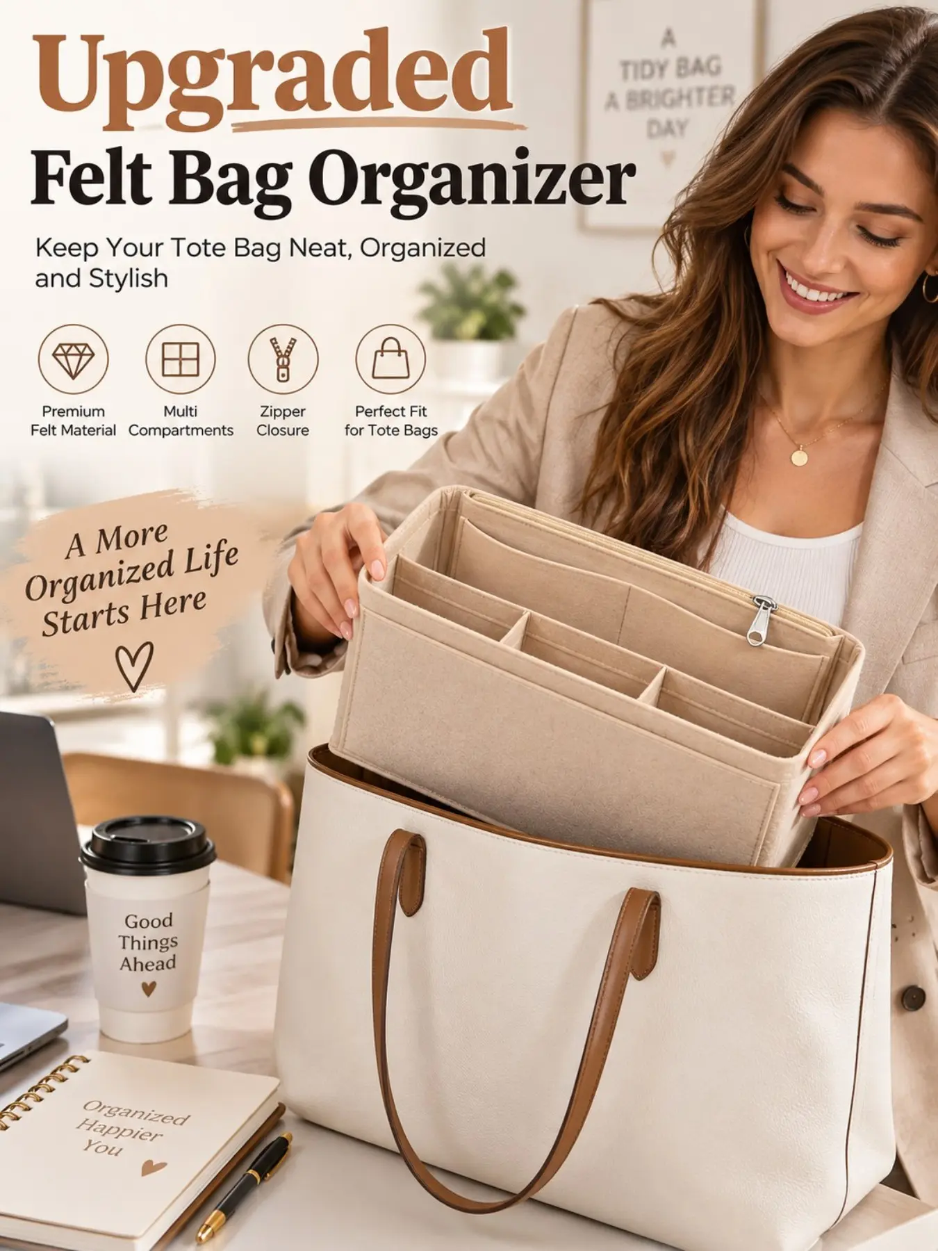 Felt Purse Organizer Insert for Large Tote Bag, Multi-Pocket Handbag Liner with Zipper, Lightweight Travel Organizers Bag Shaper for Travel Work Daily Storage, Christmas Halloween Birthday Gift for Mom Wife Girlfriend