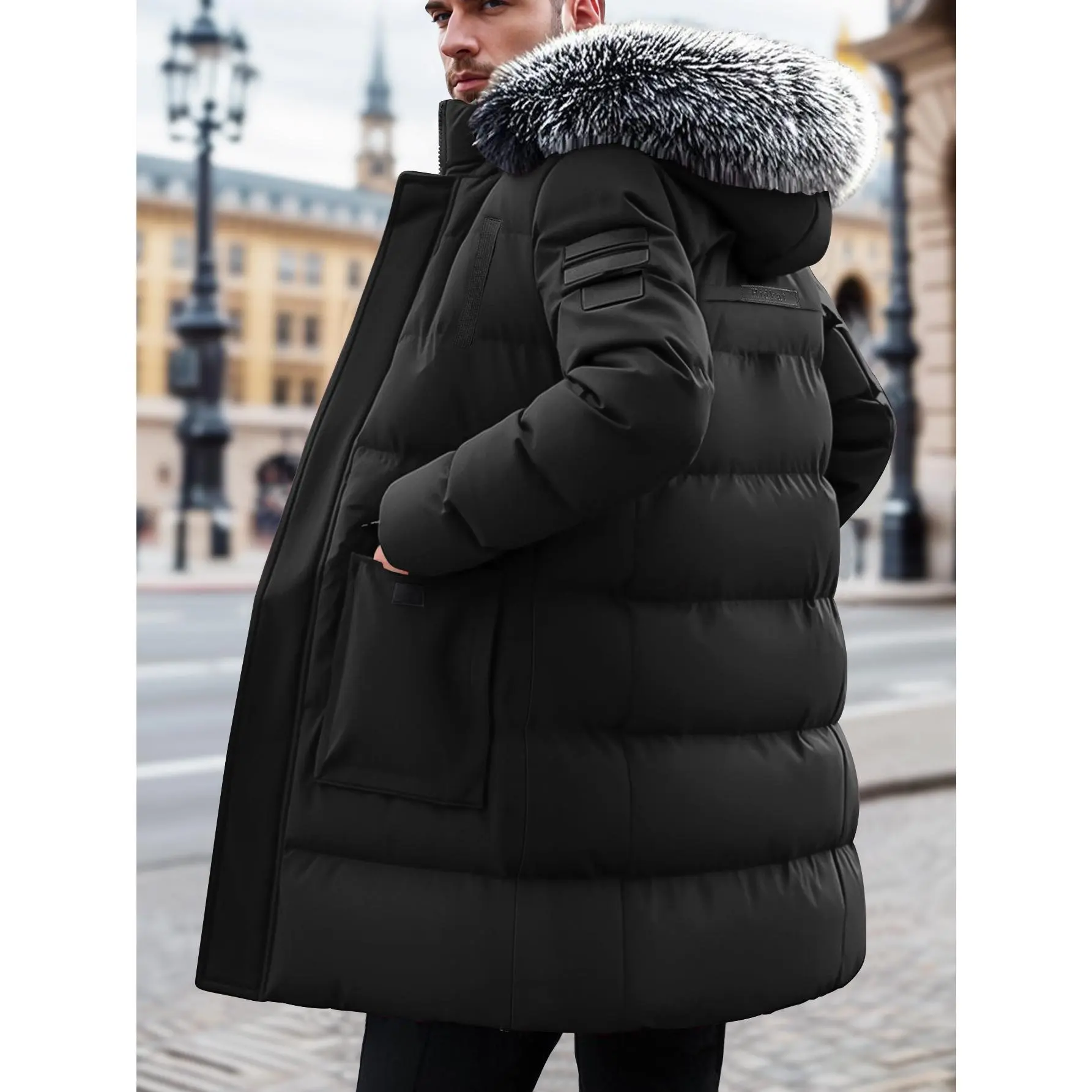 Men's Heavy-Duty Insulated Winter Down Parka - Longline Coat with Detachable Faux Fur Hood, Collar, Thermal Lining & Spacious Pockets for Skiing, Commuting