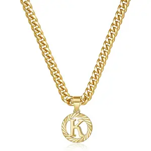 Gold Initial Necklace,14K Gold Plated Round Letter Pendant Hollow Capital Monogram 5mm Cuban Chain Necklace Alphabets from A-Z Dainty Jewelry for Women Men