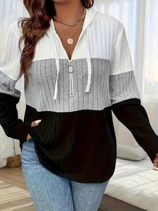 【plus size】 women's colorblock longsleeves drawstring zip up hoodie, casual long sleeve hooded sweatshirt for spring & fall, women's clothing for daily wear