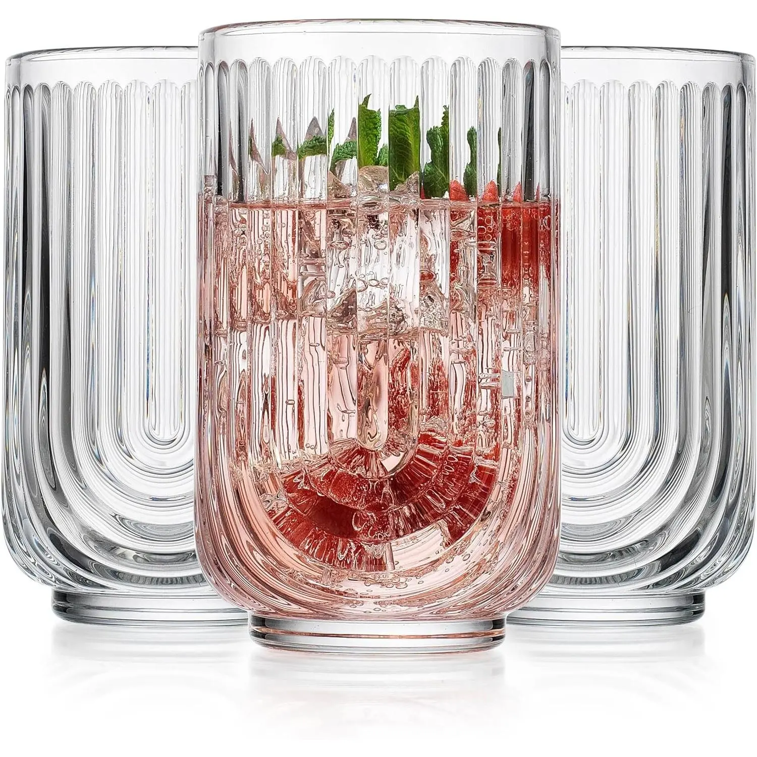 Drinking Glasses Set of 8, 17oz Vintage Ripple Ribbed Highball Cocktail Glasses, Art Deco Arch Design Glassware for Water Juice Coffee