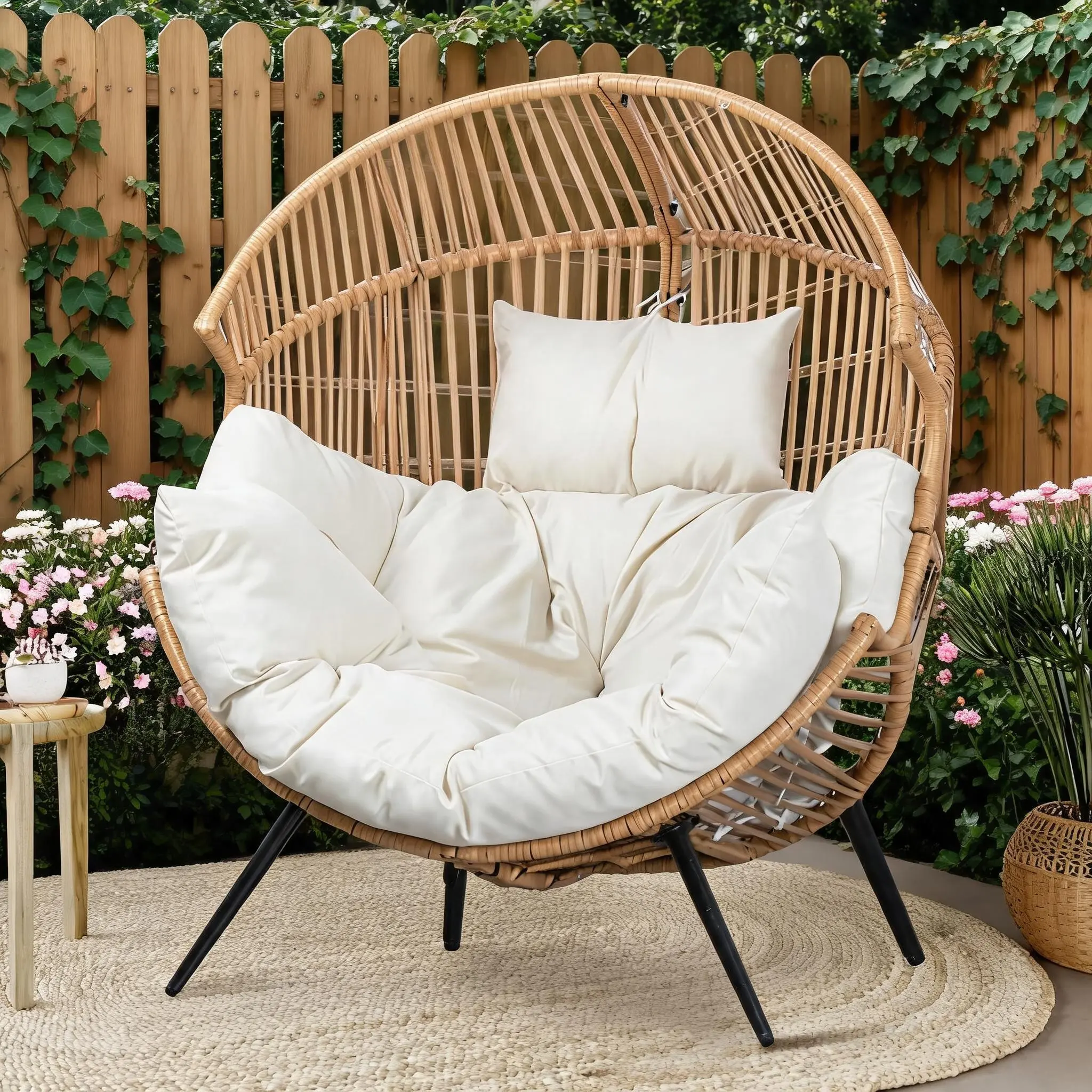 Oversized Patio Egg Chair – Ergonomic Wicker Rocker with Extra-Soft Pillow & Thick Cream Cushion – Indoor/Outdoor Garden, Living Room, or Backyard Lounge Seating – Natural Wicker Frame