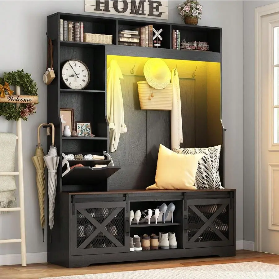 75''LED Farmhouse Hall Tree With Bench And Shoe Storage,Entryway Bench With Coat Rack,16 Shoe Cubbies & Umbrella Holder And Sock Storage Drawer,Mudroom/Hallway Storage Cabinet,Black