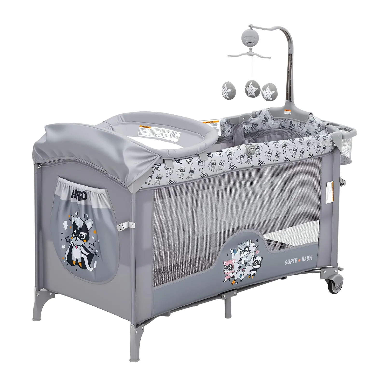 4 in 1 Baby Bassinet Bedside Sleeper Portable Pack and Play with Changing Table, Locking Wheels, Zip Door, Storage & Toy Bar for Toddlers,Light Grey/Dark Gray